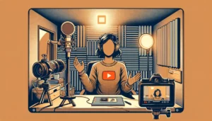 Woman influencer creating content for youtube in a sound booth